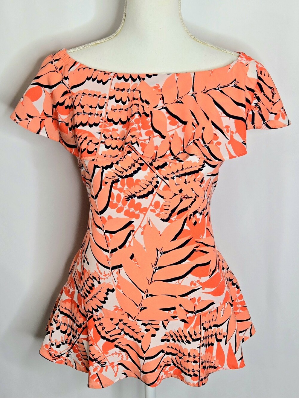 Banana Republic Coral Orange Botanical Palm Off-The-Shoulder Ruffle Top NWOT M